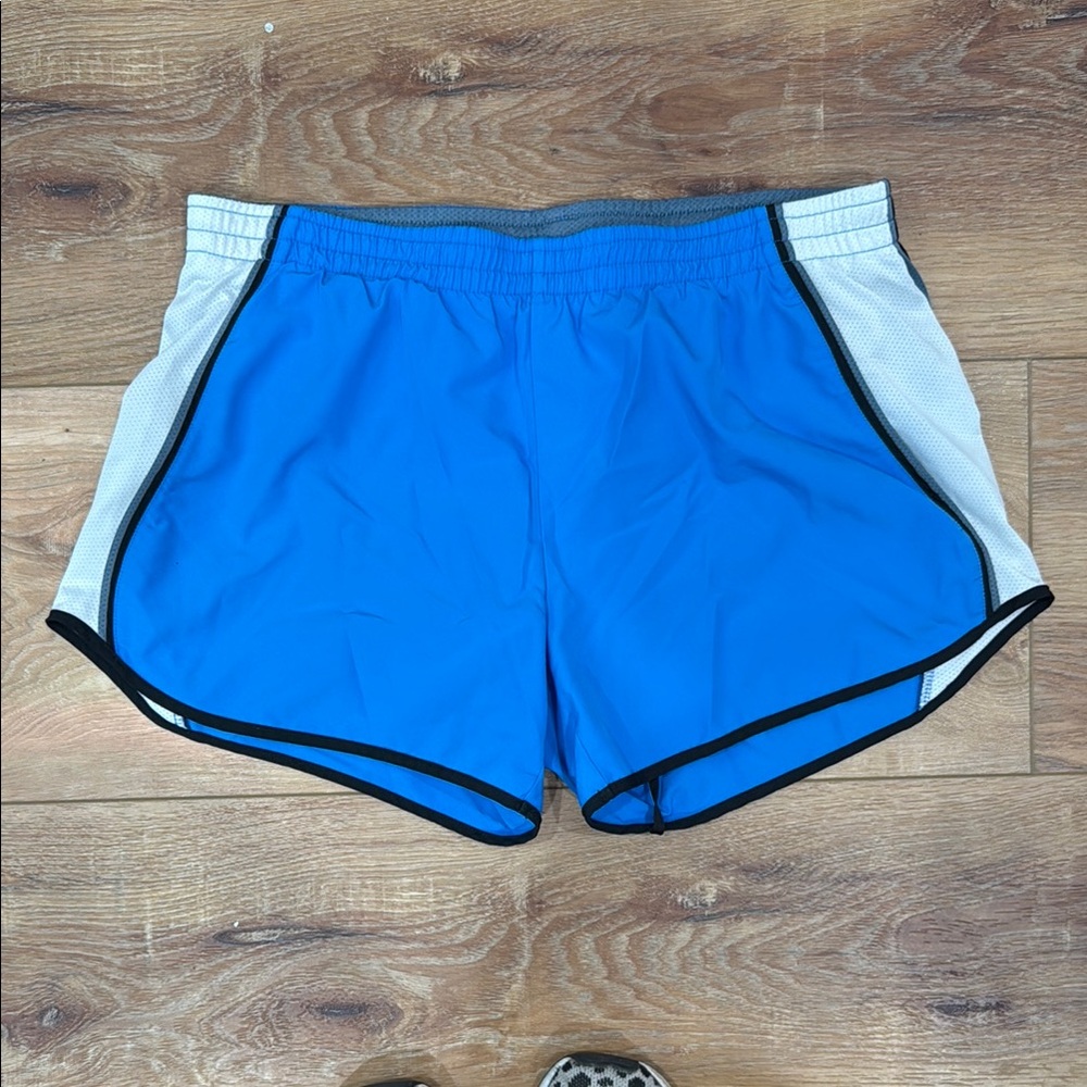 Nike Blue and White Athletic Shorts with Curved Hem
